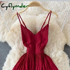 Cyflymder Summer Green/Pink/Red Pleated Spaghetti Strap Dress Women Sexy V-Neck High Waist