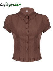 Cyflymder summer inspo American Retro Preppy Brown Shirts Women Button Up Turn Down Collar Puff Sleeve Shirring Pleated