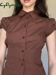 Cyflymder summer inspo American Retro Preppy Brown Shirts Women Button Up Turn Down Collar Puff Sleeve Shirring Pleated