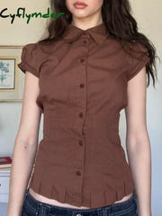 Cyflymder summer inspo American Retro Preppy Brown Shirts Women Button Up Turn Down Collar Puff Sleeve Shirring Pleated