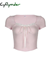 Cyflymder summer inspo Balletcore Sweet Y2K Tie Lace Trim Square Collar Pink T-Shirt Women Short Sleeve 2000s Cute