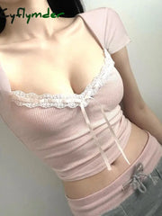 Cyflymder summer inspo Balletcore Sweet Y2K Tie Lace Trim Square Collar Pink T-Shirt Women Short Sleeve 2000s Cute
