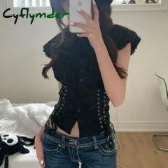 Cyflymder summer inspo Chic Bandage Crop Top Y2k Vintage Grunge Black T-Shirts Women Button Slim Croset Aesthetic Punk