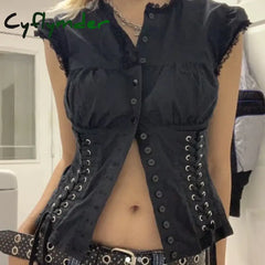 Cyflymder summer inspo Chic Bandage Crop Top Y2k Vintage Grunge Black T-Shirts Women Button Slim Croset Aesthetic Punk