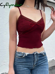 Cyflymder summer inspo Christmas Red Vintage Elegant Camisole Lace Trim V Neck Tie Bow Sleeveless Slim Cute Crop Top