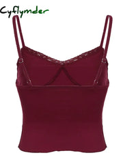 Cyflymder summer inspo Christmas Red Vintage Elegant Camisole Lace Trim V Neck Tie Bow Sleeveless Slim Cute Crop Top
