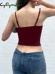 Cyflymder summer inspo Christmas Red Vintage Elegant Camisole Lace Trim V Neck Tie Bow Sleeveless Slim Cute Crop Top
