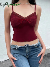 Cyflymder summer inspo Christmas Red Vintage Elegant Camisole Lace Trim V Neck Tie Bow Sleeveless Slim Cute Crop Top