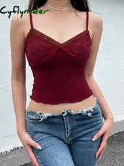 Cyflymder summer inspo Christmas Red Vintage Elegant Camisole Lace Trim V Neck Tie Bow Sleeveless Slim Cute Crop Top