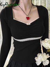 Cyflymder summer inspo Contrast Color Lace Patchwork French Elegant Slim Long Sleeve Black T Shirt Women Balletcore