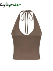Cyflymder summer inspo Cross Tie Halter V Neck Crop Top Women Solid Basic Casual Slim Backless Sexy Tank Vest
