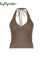 Cyflymder summer inspo Cross Tie Halter V Neck Crop Top Women Solid Basic Casual Slim Backless Sexy Tank Vest S / Brown