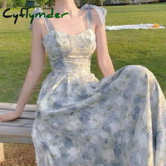 Cyflymder summer inspo Elegant Long Flower Strap Dress Women Vintage Sweet Print Korean Slip Fairy Dress Casual Calssy