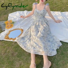 Cyflymder summer inspo Elegant Long Flower Strap Dress Women Vintage Sweet Print Korean Slip Fairy Dress Casual Calssy