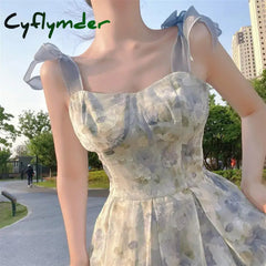 Cyflymder summer inspo Elegant Long Flower Strap Dress Women Vintage Sweet Print Korean Slip Fairy Dress Casual Calssy