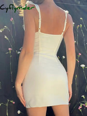 Cyflymder Elegant Ruffle Bow Tie White Mini Dress for Women Sexy Backless Split Party Club Dresses 2025 Summer V-neck