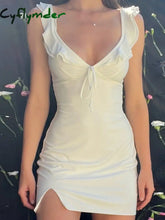 Cyflymder Elegant Ruffle Bow Tie White Mini Dress for Women Sexy Backless Split Party Club Dresses 2025 Summer V-neck