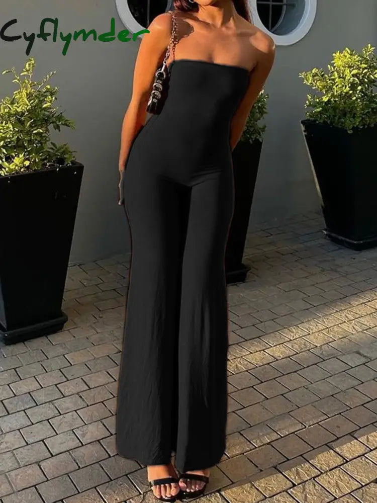 Cyflymder summer inspo Hot Black Solid Strapless Elegant Long Jumpsuits For Women Slim Wide Leg Flared Rompers Simple
