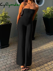 Cyflymder summer inspo Hot Black Solid Strapless Elegant Long Jumpsuits For Women Slim Wide Leg Flared Rompers Simple