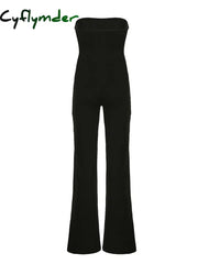 Cyflymder summer inspo Hot Black Solid Strapless Elegant Long Jumpsuits For Women Slim Wide Leg Flared Rompers Simple