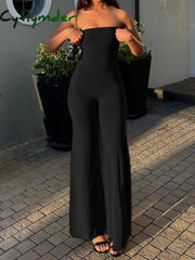Cyflymder summer inspo Hot Black Solid Strapless Elegant Long Jumpsuits For Women Slim Wide Leg Flared Rompers Simple