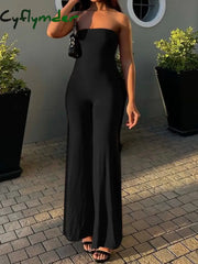 Cyflymder summer inspo Hot Black Solid Strapless Elegant Long Jumpsuits For Women Slim Wide Leg Flared Rompers Simple
