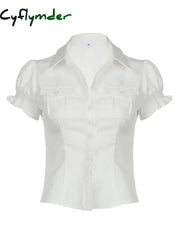 Cyflymder summer inspo Hot Single Breasted Puff Sleeve White Shirts For Women Button Turn Down Collar Pockets Simple