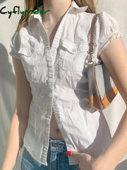 Cyflymder summer inspo Hot Single Breasted Puff Sleeve White Shirts For Women Button Turn Down Collar Pockets Simple