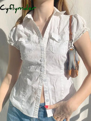 Cyflymder summer inspo Hot Single Breasted Puff Sleeve White Shirts For Women Button Turn Down Collar Pockets Simple