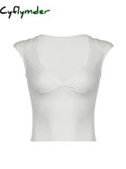 Cyflymder summer inspo Hot White Solid Basic Slim Low Bust V Neck Crop Tees Women Black Simple Fashion Short Sleeve