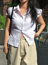 Cyflymder summer inspo Hot White Solid Single Breasted Turn Down Collar Casual Shirts Women Simple Puff Sleeve Japanese