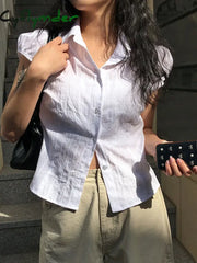 Cyflymder summer inspo Hot White Solid Single Breasted Turn Down Collar Casual Shirts Women Simple Puff Sleeve Japanese