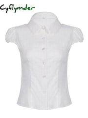 Cyflymder summer inspo Hot White Solid Single Breasted Turn Down Collar Casual Shirts Women Simple Puff Sleeve Japanese