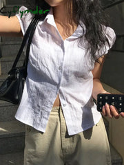 Cyflymder summer inspo Hot White Solid Single Breasted Turn Down Collar Casual Shirts Women Simple Puff Sleeve Japanese