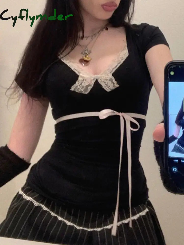 Cyflymder summer inspo Japanese Kawaii Contrast Lace Tie Bow Square Collar Slim Short Sleeve Black T Shirt Women Pink