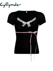 Cyflymder summer inspo Japanese Kawaii Contrast Lace Tie Bow Square Collar Slim Short Sleeve Black T Shirt Women Pink