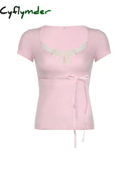 Cyflymder summer inspo Japanese Kawaii Contrast Lace Tie Bow Square Collar Slim Short Sleeve Black T Shirt Women Pink