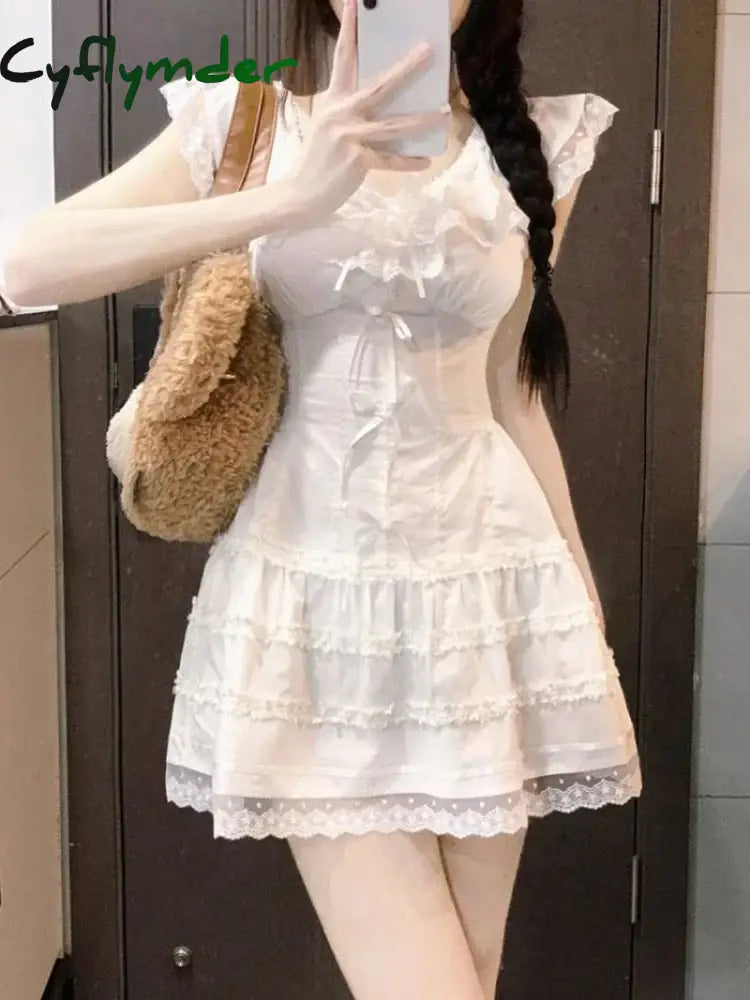Cyflymder summer inspo Japanese Kawaii Princess White Mini Dress Women Cute Lace Design Summer One-piece Dress Elegant