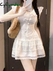 Cyflymder summer inspo Japanese Kawaii Princess White Mini Dress Women Cute Lace Design Summer One-piece Dress Elegant