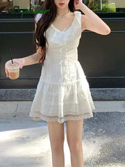 Cyflymder summer inspo Japanese Kawaii Princess White Mini Dress Women Cute Lace Design Summer One-piece Dress Elegant