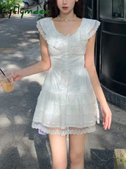 Cyflymder summer inspo Japanese Kawaii Princess White Mini Dress Women Cute Lace Design Summer One-piece Dress Elegant