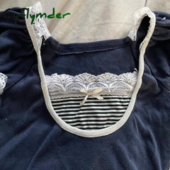 Cyflymder summer inspo Kawaii Bow Lace Trim T-shirt Vintage Striped Patchwork Slim Fit Crop Top Y2K Aesthetic Fairy