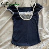 Cyflymder summer inspo Kawaii Bow Lace Trim T-shirt Vintage Striped Patchwork Slim Fit Crop Top Y2K Aesthetic Fairy