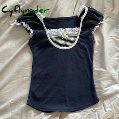 Cyflymder summer inspo Kawaii Bow Lace Trim T-shirt Vintage Striped Patchwork Slim Fit Crop Top Y2K Aesthetic Fairy