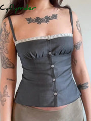 Cyflymder summer inspo Lace Button Ruffled Slim Camisole Vintage Sexy Y2K Sleeveless Outfits for Women Solid Harajuku