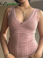 Cyflymder summer inspo Pink Sweet Slim Sleeveless V Neck Cute Y2K Lace Vest Top Women 2000s Kawaii Clothes