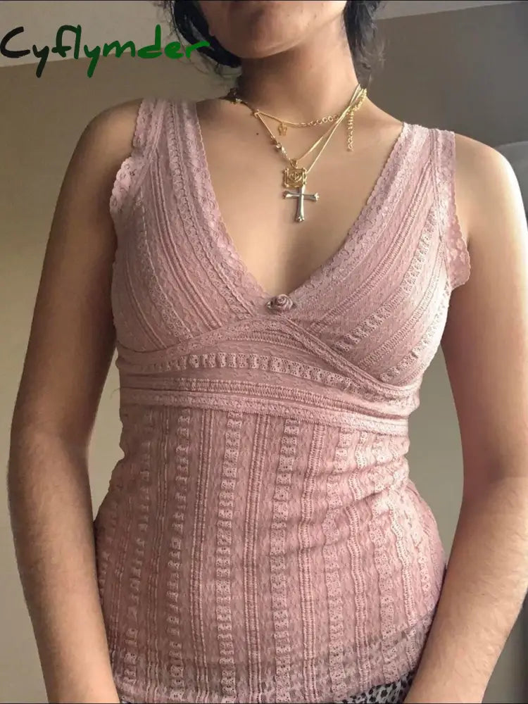Cyflymder summer inspo Pink Sweet Slim Sleeveless V Neck Cute Y2K Lace Vest Top Women 2000s Kawaii Clothes