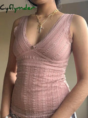 Cyflymder summer inspo Pink Sweet Slim Sleeveless V Neck Cute Y2K Lace Vest Top Women 2000s Kawaii Clothes