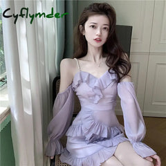 Cyflymder Purple Off Shoulder Kawaii Dress Women Ruffle Patchwork Sweet Party Mini Dress Female Korean Fashion Slim