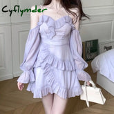 Cyflymder Purple Off Shoulder Kawaii Dress Women Ruffle Patchwork Sweet Party Mini Dress Female Korean Fashion Slim